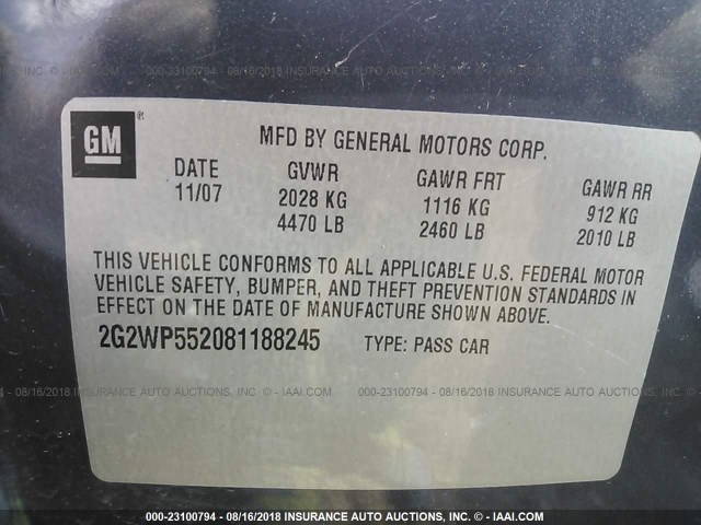 2G2WP552081188245 - 2008 PONTIAC GRAND PRIX BLUE photo 9