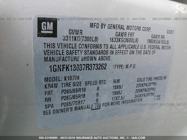 1GNFK13037R373262 - 2007 CHEVROLET TAHOE K1500 SILVER photo 9