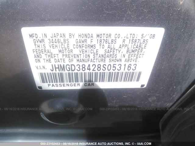 JHMGD38428S053163 - 2008 HONDA FIT GRAY photo 9