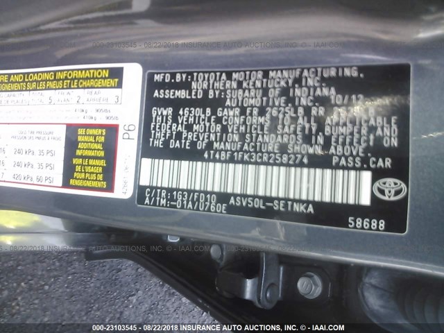 4T4BF1FK3CR258274 - 2012 TOYOTA CAMRY SE/LE/XLE GRAY photo 9