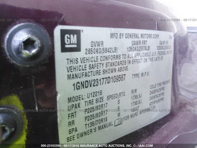 1GNDV23177D109567 - 2007 CHEVROLET UPLANDER LS MAROON photo 9