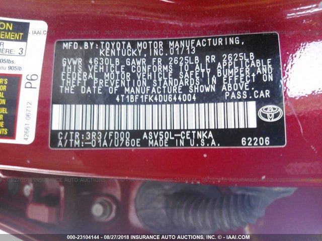 4T1BF1FK4DU644004 - 2013 TOYOTA CAMRY L/SE/LE/XLE Qırmızı foto 9