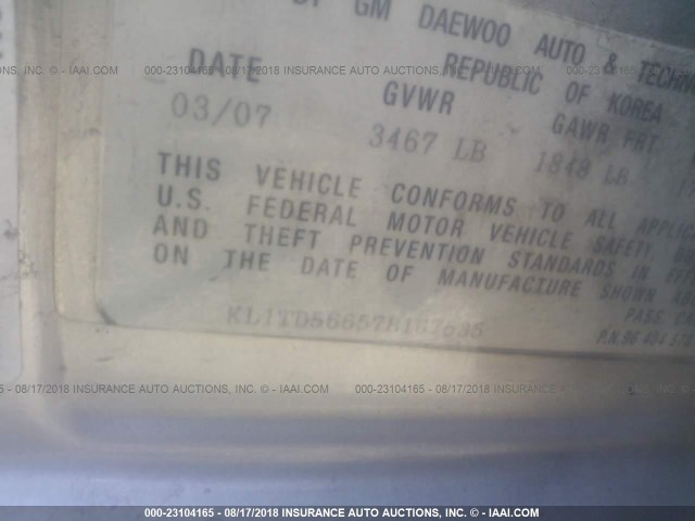 KL1TD56657B167535 - 2007 CHEVROLET AVEO LS SILVER photo 9