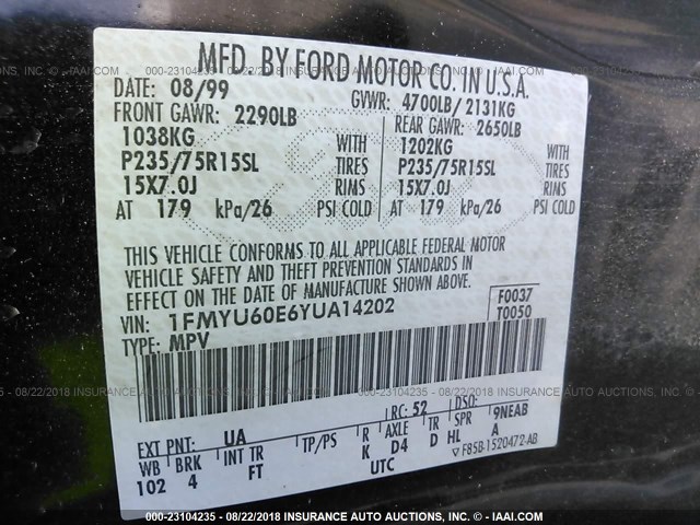 1FMYU60E6YUA14202 - 2000 FORD EXPLORER SPORT BLACK photo 9