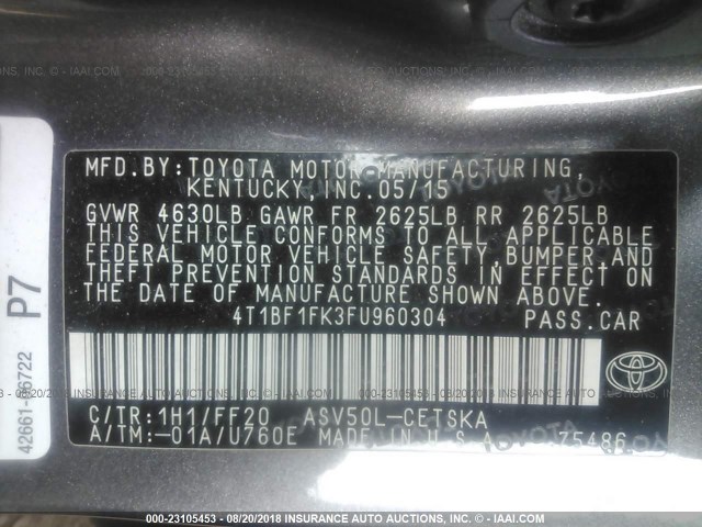 4T1BF1FK3FU960304 - 2015 TOYOTA CAMRY LE/XLE/SE/XSE GRAY photo 9