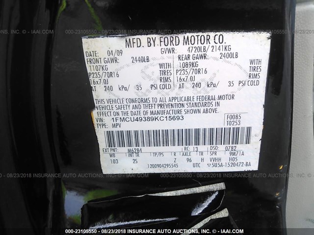 1FMCU49389KC15693 - 2009 FORD ESCAPE HYBRID BLACK photo 9