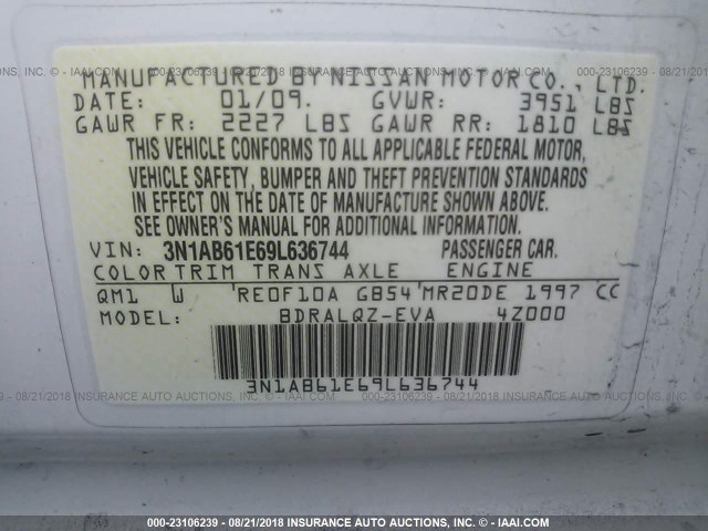 3N1AB61E69L636744 - 2009 NISSAN SENTRA 2.0/2.0S/2.0SL WHITE photo 9