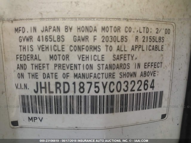 JHLRD1875YC032264 - 2000 HONDA CR-V SE/EX WHITE photo 9