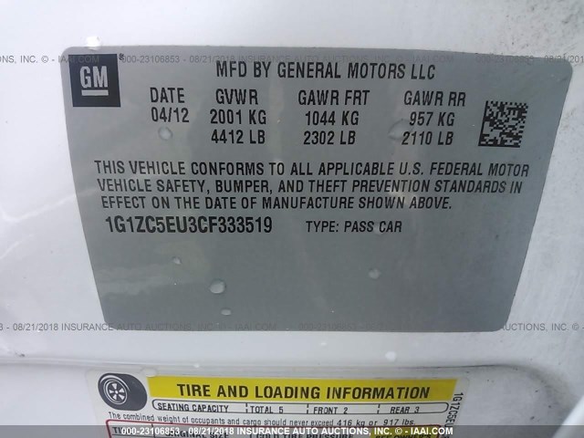 1G1ZC5EU3CF333519 - 2012 CHEVROLET MALIBU 1LT WHITE photo 9