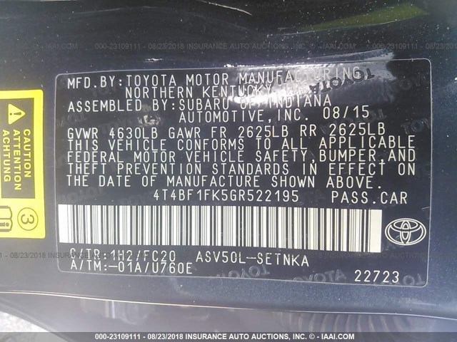 4T4BF1FK5GR522195 - 2016 TOYOTA CAMRY LE/XLE/SE/XSE GREEN photo 9