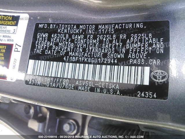 4T1BF1FK8GU172944 - 2016 TOYOTA CAMRY LE/XLE/SE/XSE GRAY photo 9