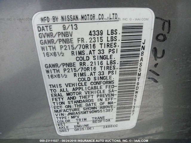 JN8AS5MT9DW551387 - 2013 NISSAN ROGUE S/SV GRAY photo 9