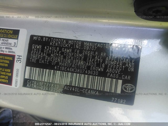 4T1BE46K38U749630 - 2008 TOYOTA CAMRY CE/LE/XLE/SE 银色 照片 9