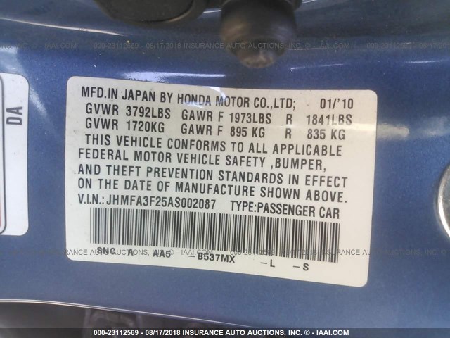 JHMFA3F25AS002087 - 2010 HONDA CIVIC HYBRID BLUE photo 9