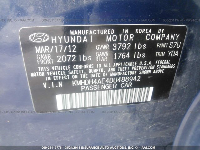 KMHDH4AE4DU488942 - 2013 HYUNDAI ELANTRA GLS/LIMITED BLUE photo 9