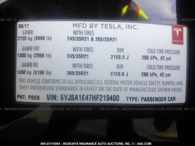 5YJSA1E47HF219400 - 2017 TESLA MODEL S Սև լուսանկար 9