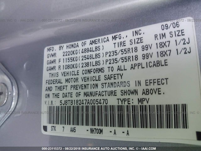 5J8TB18247A005470 - 2007 ACURA RDX SILVER photo 9