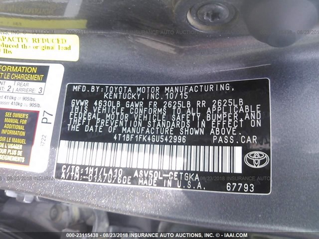 4T1BF1FK4GU542996 - 2016 TOYOTA CAMRY LE/XLE/SE/XSE GRAY photo 9
