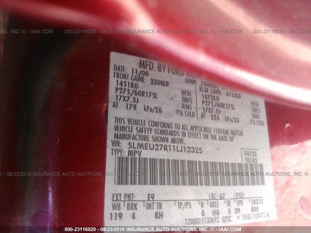 5LMEU27R11LJ12325 - 2001 LINCOLN NAVIGATOR Қызыл фото 9