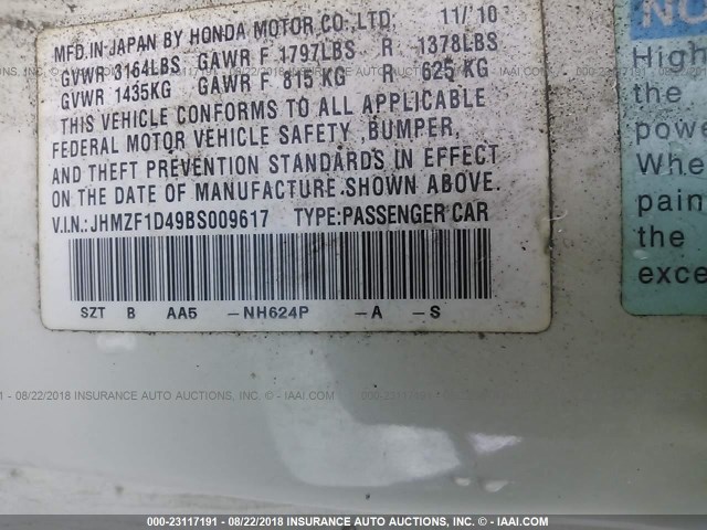 JHMZF1D49BS009617 - 2011 HONDA CR-Z WHITE photo 9