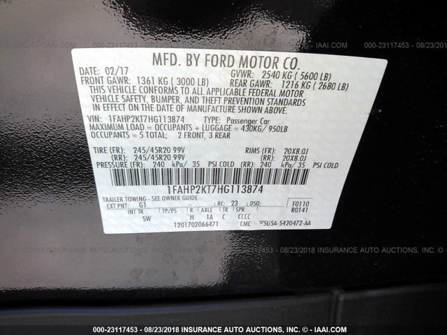 1FAHP2KT7HG113874 - 2017 FORD TAURUS SHO BLACK photo 9