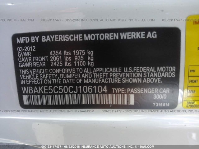 WBAKE5C50CJ106104 - 2012 BMW 328 I SULEV WHITE photo 9