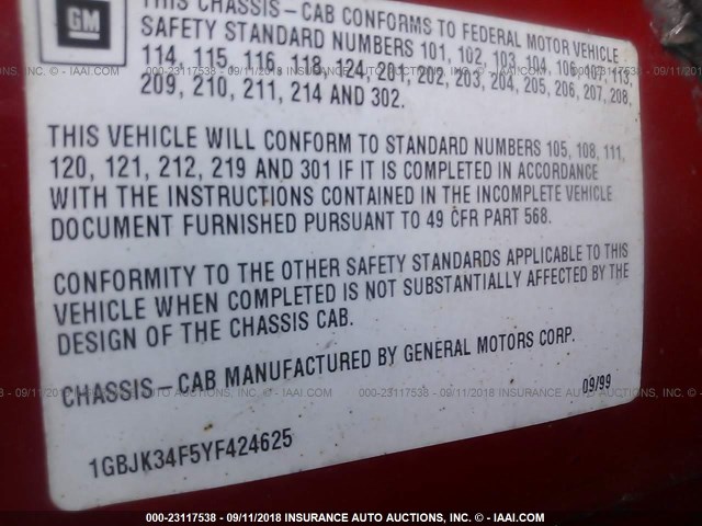 1GBJK34F5YF424625 - 2000 CHEVROLET GMT-400 K3500 წითელი ფოტო 10