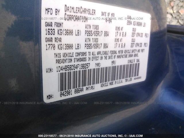 1D4HB58D54F198257 - 2004 DODGE DURANGO LIMITED BLUE photo 9