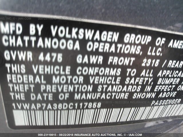 1VWAP7A36DC117858 - 2013 VOLKSWAGEN PASSAT S GRAY photo 9