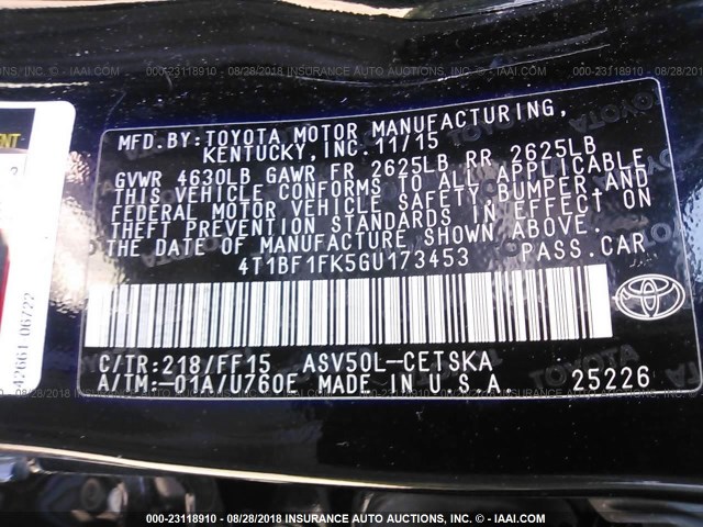 4T1BF1FK5GU173453 - 2016 TOYOTA CAMRY LE/XLE/SE/XSE BLACK photo 9