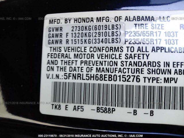 5FNRL5H68EB015276 - 2014 HONDA ODYSSEY EXL BLUE photo 9