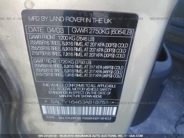 SALTY16463A818751 - 2003 LAND ROVER DISCOVERY II SE SILVER photo 9