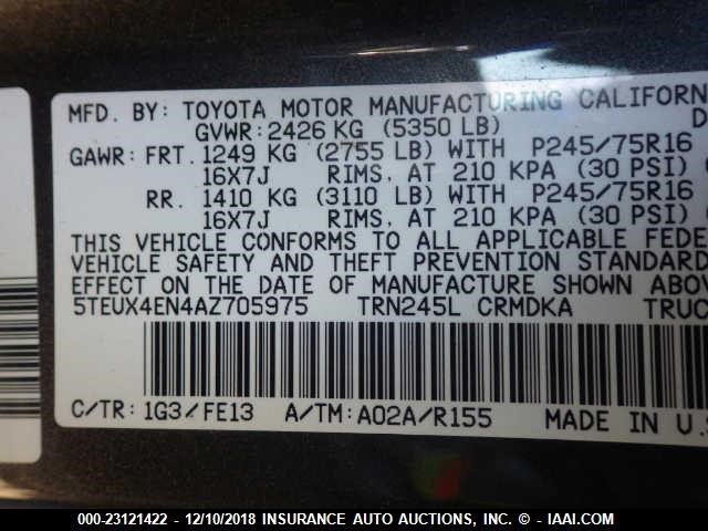 5TEUX4EN4AZ705975 - 2010 TOYOTA TACOMA ACCESS CAB ნაცრისფერი ფოტო 9