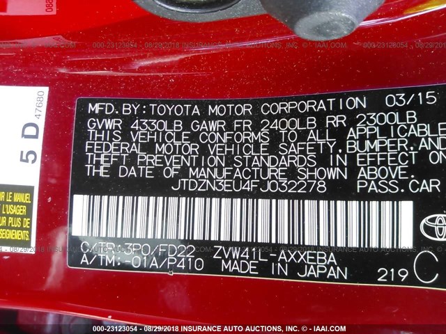 JTDZN3EU4FJ032278 - 2015 TOYOTA PRIUS V RED photo 9