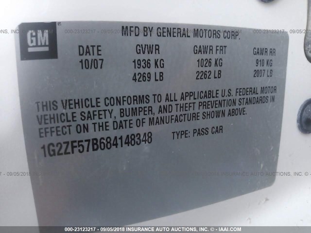 1G2ZF57B684148348 - 2008 PONTIAC G6 VALUE LEADER/BASE WHITE photo 9