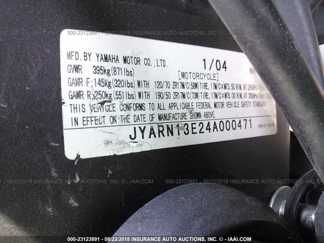 JYARN13E24A000471 - 2004 YAMAHA YZFR1 WHITE photo 10