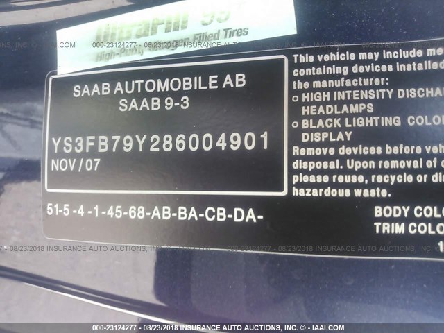 YS3FB79Y286004901 - 2008 SAAB 9-3 2.0T BLUE photo 9