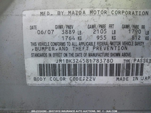 JM1BK324581783780 - 2008 MAZDA 3 S SILVER photo 9