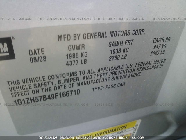 1G1ZH57B49F166710 - 2009 CHEVROLET MALIBU 1LT SILVER photo 9