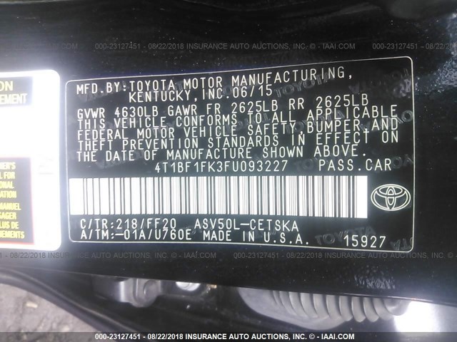 4T1BF1FK3FU093227 - 2015 TOYOTA CAMRY LE/XLE/SE/XSE BLACK photo 9