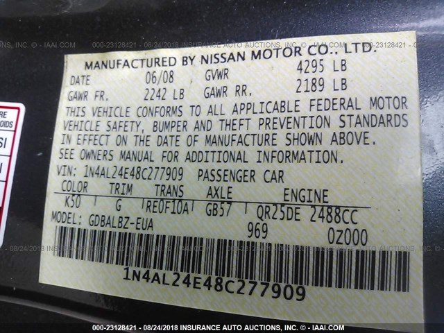 1N4AL24E48C277909 - 2008 NISSAN ALTIMA 2.5S GRAY photo 9