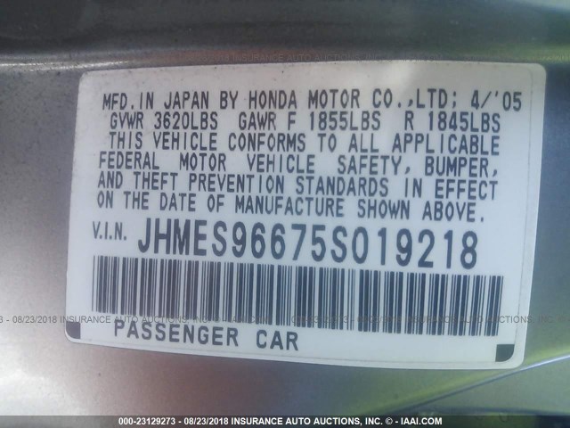 JHMES96675S019218 - 2005 HONDA CIVIC HYBRID GRAY photo 9