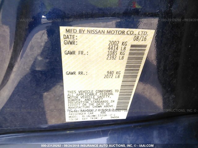 1N4BL3AP0GC285911 - 2016 NISSAN ALTIMA 3.5SL/3.5 SR BLUE photo 9