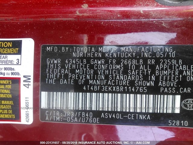 4T4BF3EKXBR114765 - 2011 TOYOTA CAMRY SE/LE/XLE RED photo 9