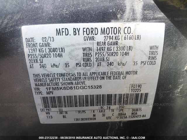 1FM5K8D81DGC15328 - 2013 FORD EXPLORER XLT GRAY photo 9