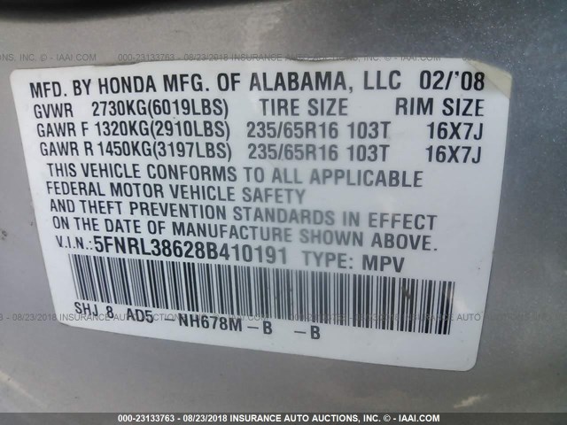 5FNRL38628B410191 - 2008 HONDA ODYSSEY EXL SILVER photo 9