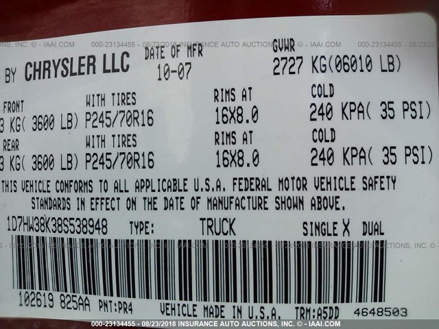 1D7HW38K38S538948 - 2008 DODGE DAKOTA SXT RED photo 9