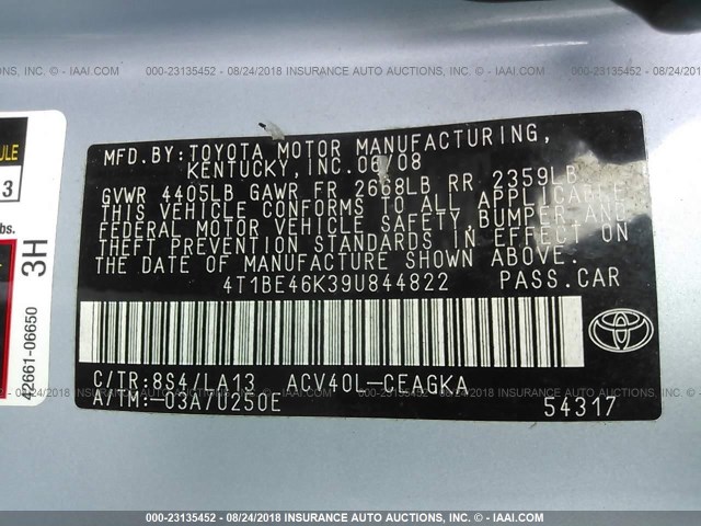 4T1BE46K39U844822 - 2009 TOYOTA CAMRY SE/LE/XLE Light Blue photo 9