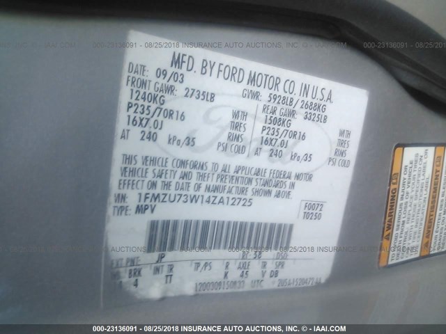 1FMZU73W14ZA12725 - 2004 FORD EXPLORER XLT/XLT SPORT/NBX 银色 照片 9