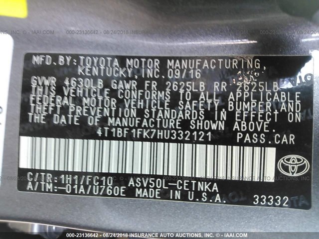 4T1BF1FK7HU332121 - 2017 TOYOTA CAMRY LE/XLE/SE/XSE GRAY photo 9